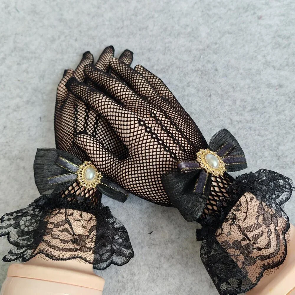 Women's Hand Sleeve Black Bow Lace Gloves Wedding Halloween Costume Party Prom